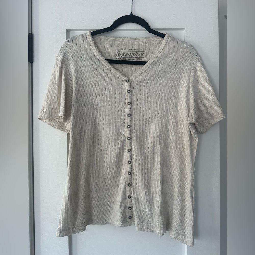 St. John's Bay Vintage Cream 100% Cotton Ribbed Button Top - Size Large